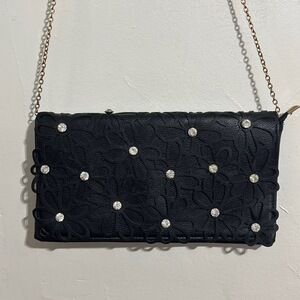 Womens Black Leather Clutch/Crossbody with Gold Removable Chain, new